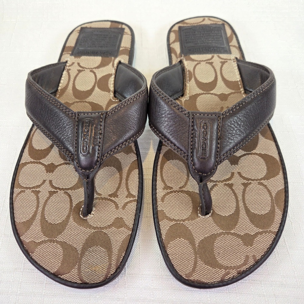 Coach Men's Brown Signature Monogram Leather Flip Flop Sandals H1107-Q740 Size 8